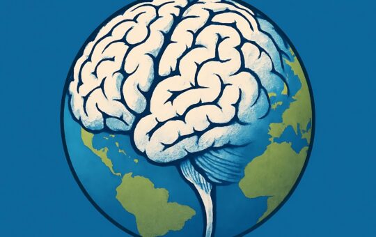 Illustration of a brain on the Earth as OpenAI chief Sam Altman declares that humanity has crossed into the era of artificial superintelligence which could have profound impacts on society.